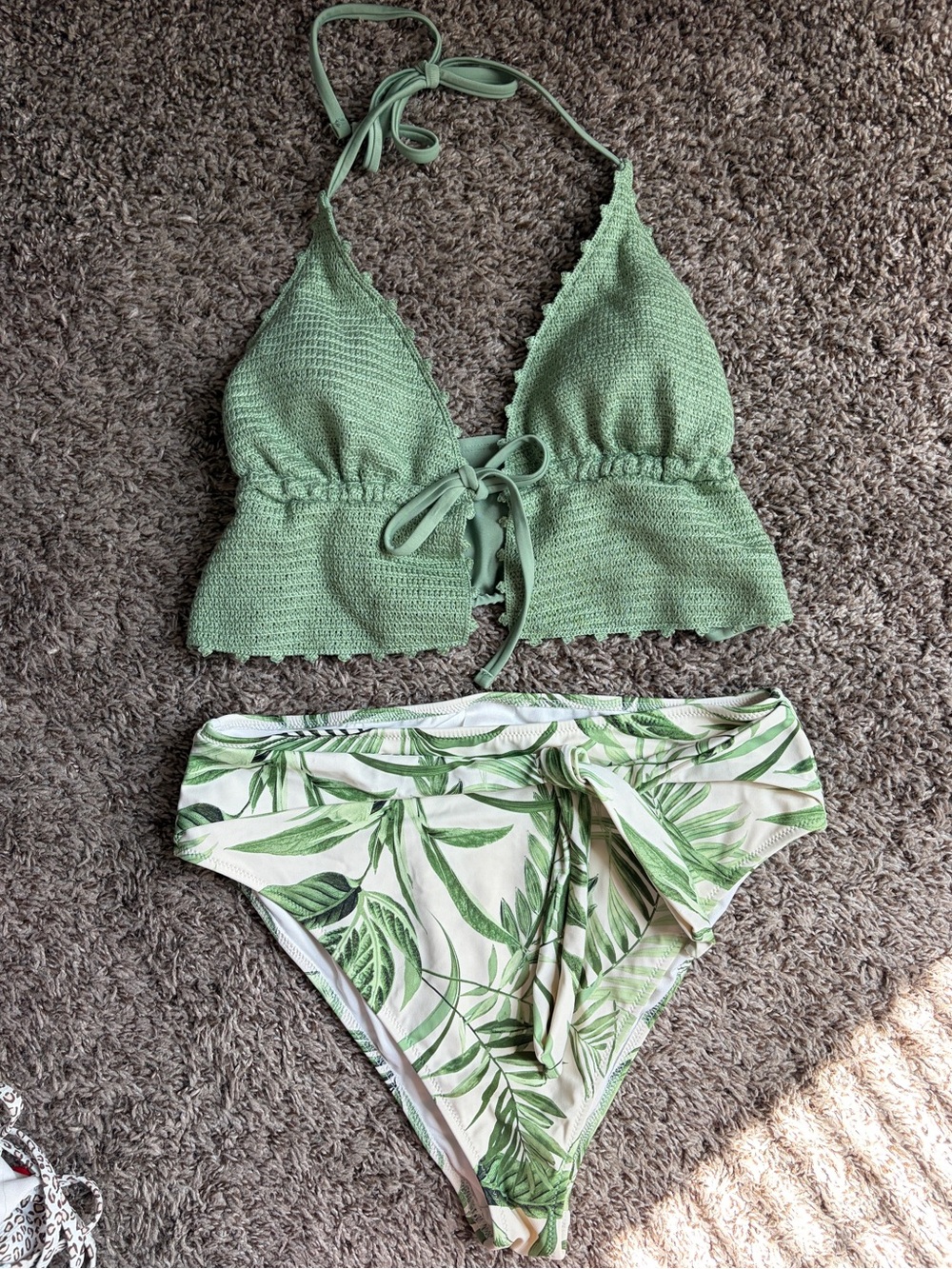 Women’s Green Crochet Bralette & Tropical High-Waist Bottom Set